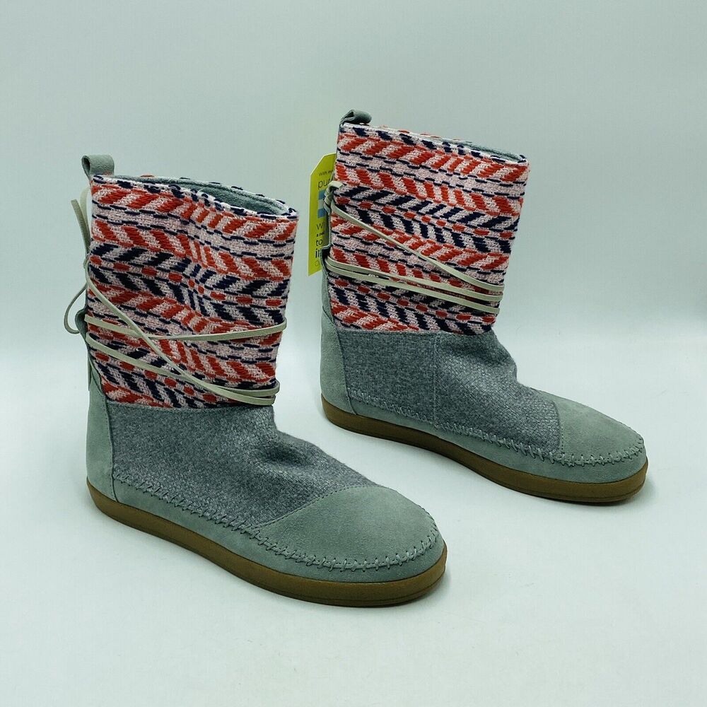 Toms Women's 9.5 Nepal Boots Gray Pink Red Aztec Ties Pull On Comfort NWT
